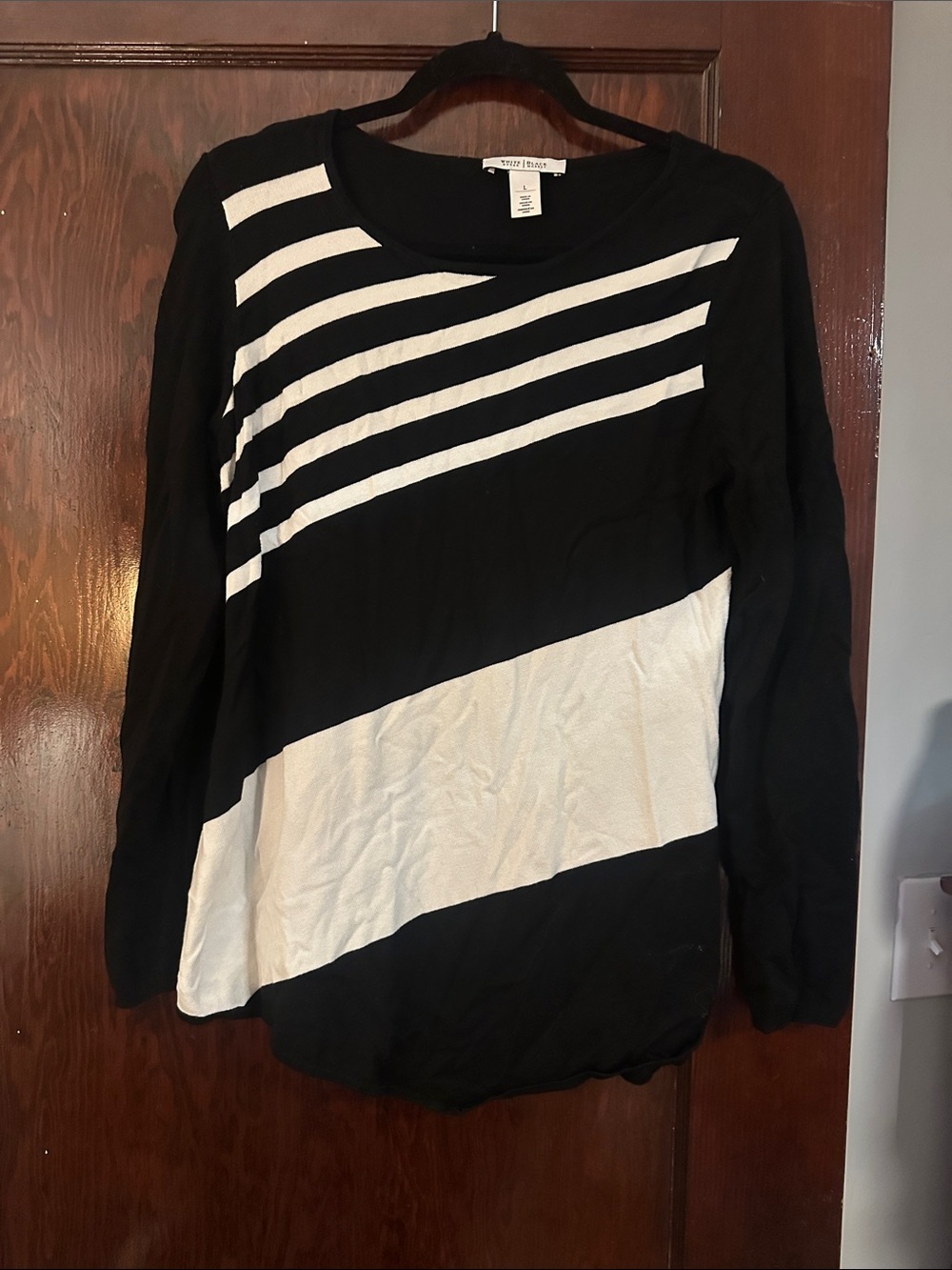 White House Black Market Black and White Diagonal Stripe Long Sleeve Top